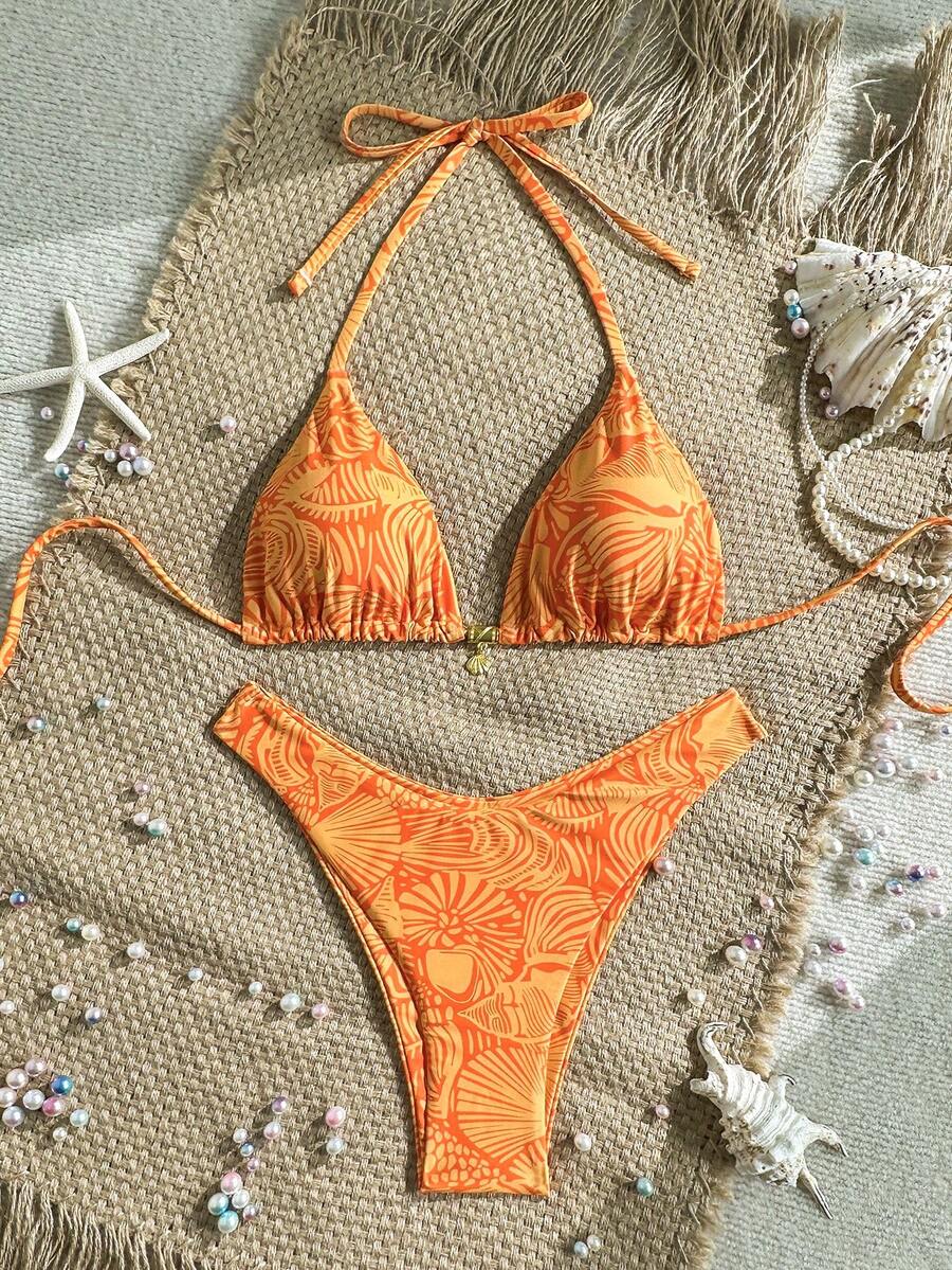 Swim Mod Summer 2 Pieces Outfits For Women - Spaghetti Strap Random Print Top And High Cut Swim Bottoms, Beach Holiday Bikini Set