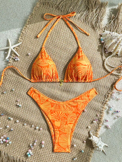 Swim Vcay Swim Mod Summer 2pcs Halter Random Floral Print & High Cut Bottoms Bikini Set, Beach Vacation
