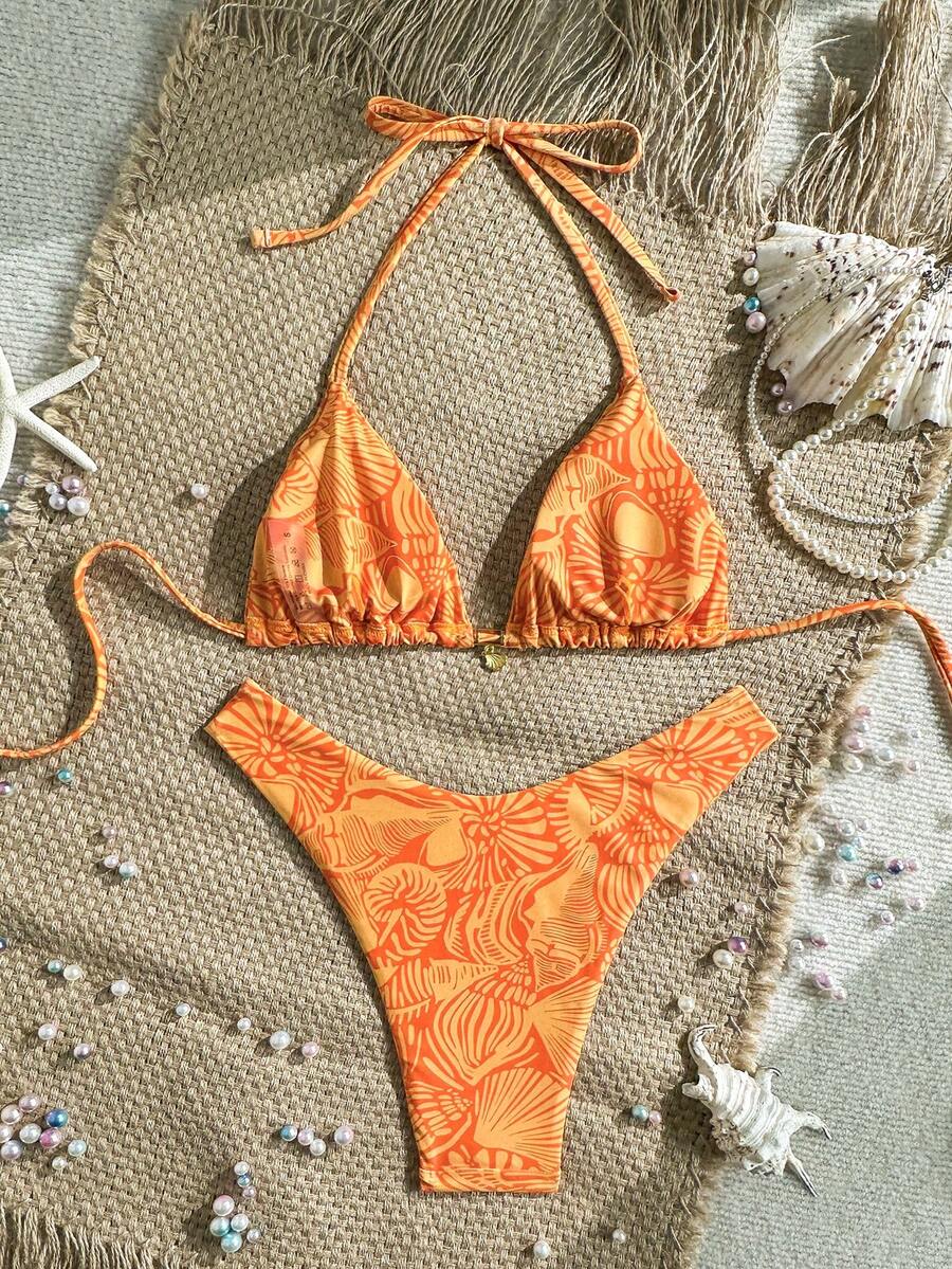 Swim Mod Summer 2 Pieces Outfits For Women - Spaghetti Strap Random Print Top And High Cut Swim Bottoms, Beach Holiday Bikini Set