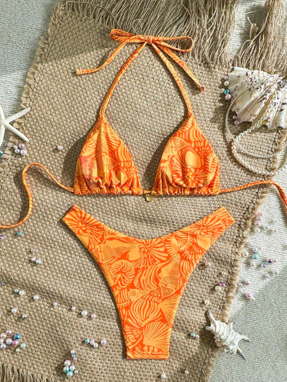 Swim Mod Summer 2 Pieces Outfits For Women - Spaghetti Strap Random Print Top And High Cut Swim Bottoms, Beach Holiday Bikini Set