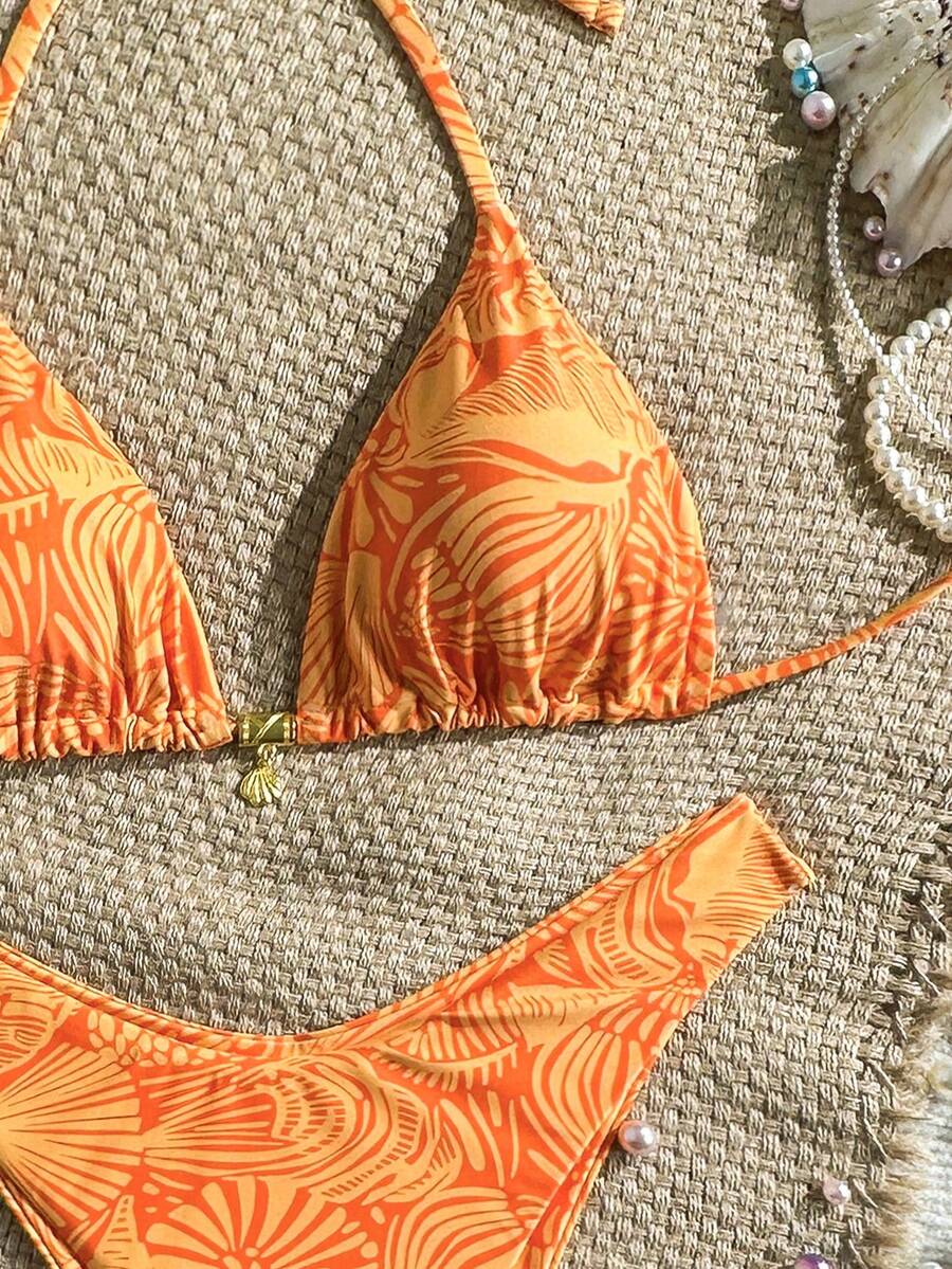 Swim Vcay Swim Mod Summer 2pcs Halter Random Floral Print & High Cut Bottoms Bikini Set, Beach Vacation