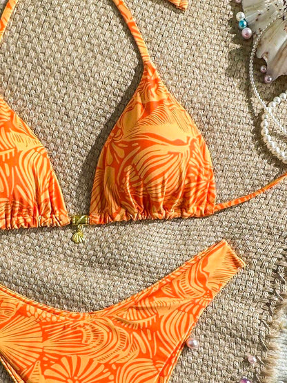 Swim Mod Summer 2 Pieces Outfits For Women - Spaghetti Strap Random Print Top And High Cut Swim Bottoms, Beach Holiday Bikini Set