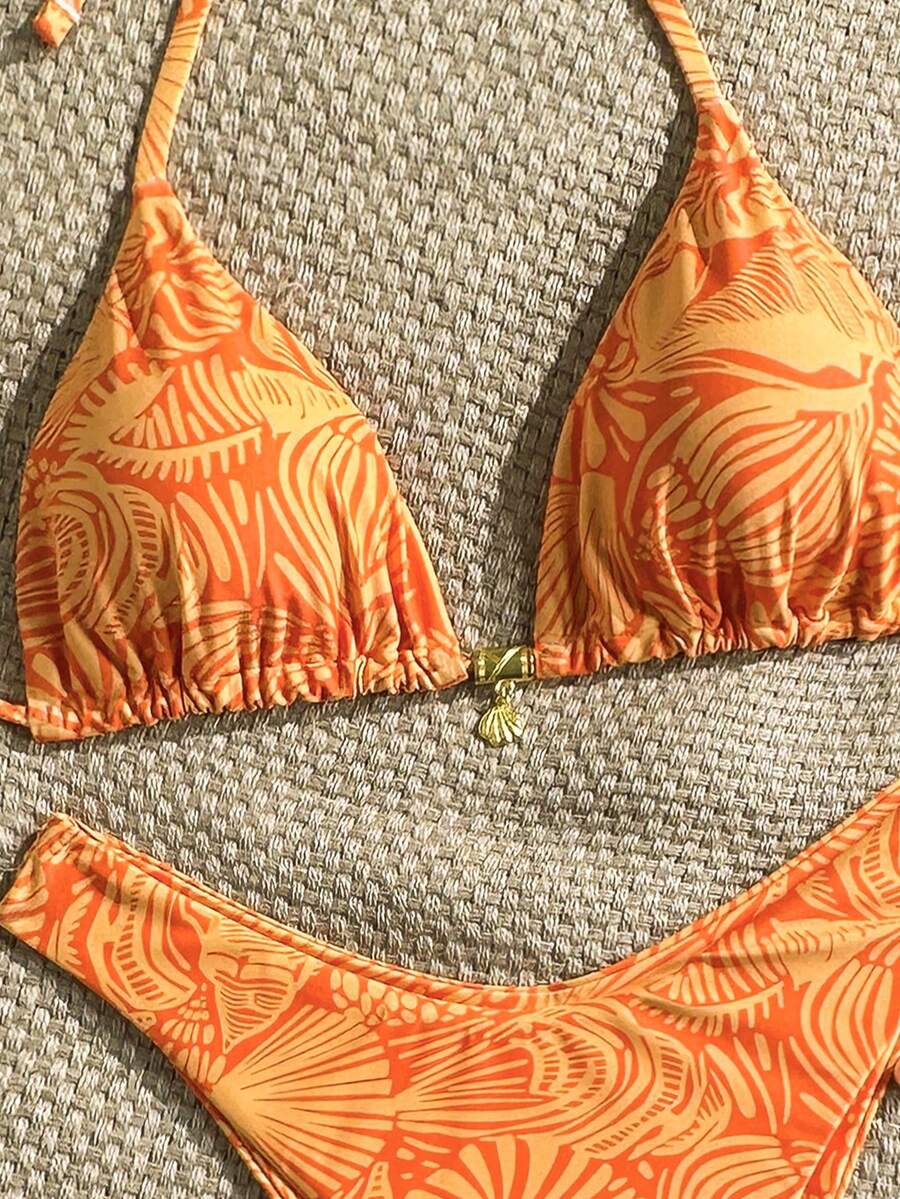 Swim Mod Summer 2 Pieces Outfits For Women - Spaghetti Strap Random Print Top And High Cut Swim Bottoms, Beach Holiday Bikini Set