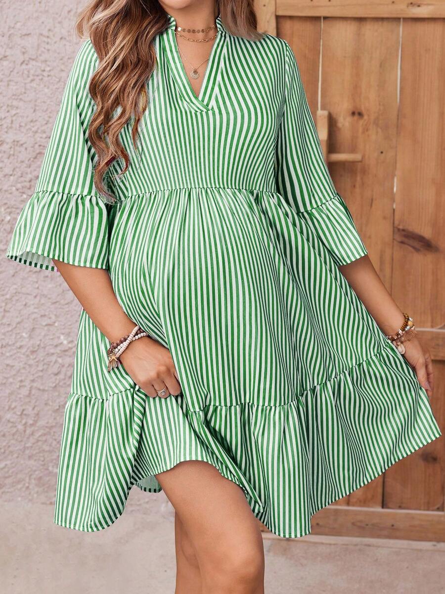 Maternity Striped Smock Dress - Notched Neck, Flounce Sleeve, High Waist, Navy Blue