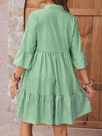 Maternity Striped Smock Dress - Notched Neck, Flounce Sleeve, High Waist, Navy Blue