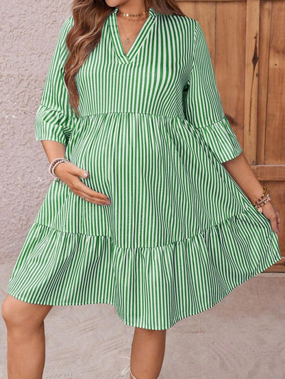 Maternity Striped Smock Dress - Notched Neck, Flounce Sleeve, High Waist, Navy Blue