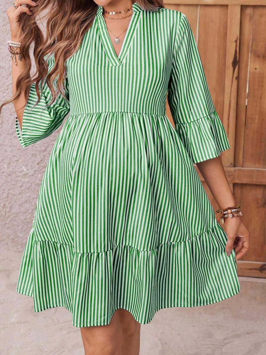 Maternity Striped Smock Dress - Notched Neck, Flounce Sleeve, High Waist, Navy Blue