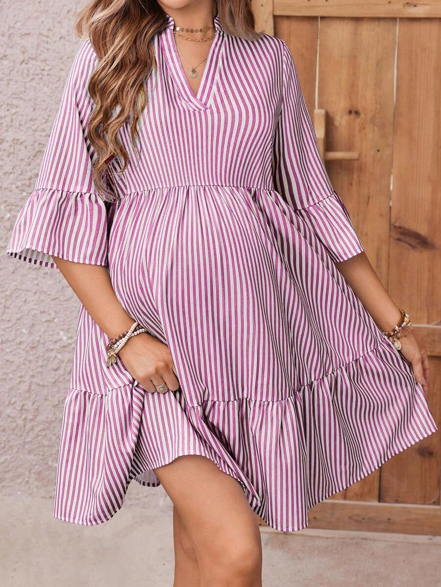 Maternity Striped Smock Dress - Notched Neck, Flounce Sleeve, High Waist, Navy Blue