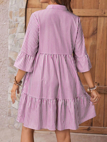 Maternity Striped Smock Dress - Notched Neck, Flounce Sleeve, High Waist, Navy Blue