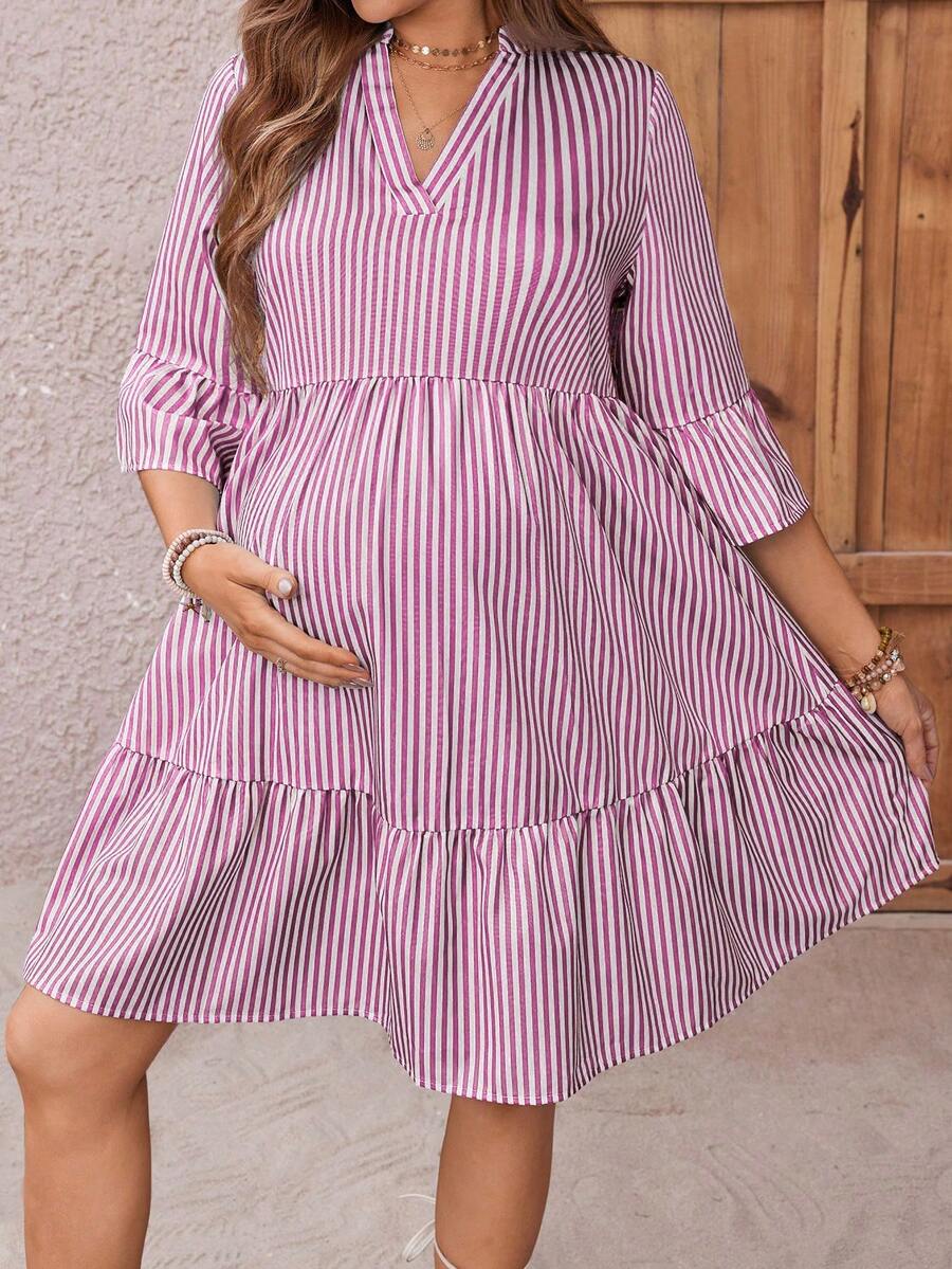 Maternity Striped Smock Dress - Notched Neck, Flounce Sleeve, High Waist, Navy Blue