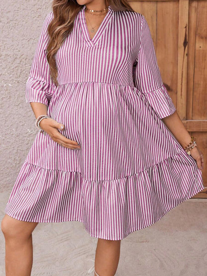 Maternity Striped Smock Dress - Notched Neck, Flounce Sleeve, High Waist, Navy Blue
