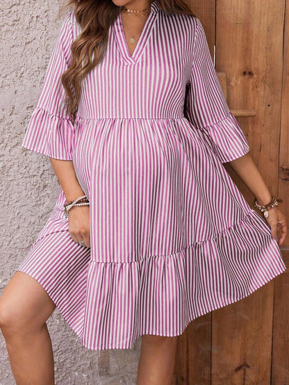 Maternity Striped Smock Dress - Notched Neck, Flounce Sleeve, High Waist, Navy Blue