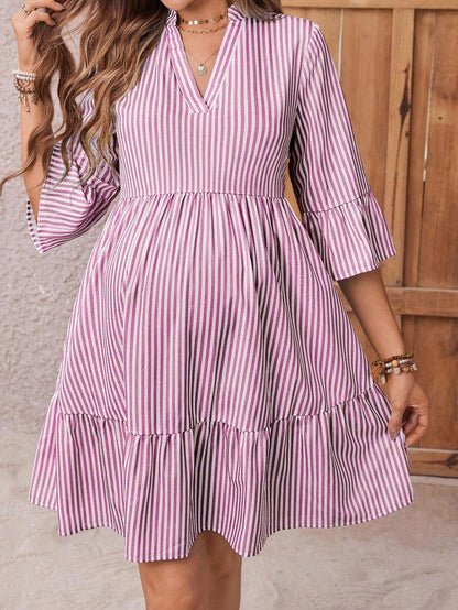 Maternity Striped Smock Dress - Notched Neck, Flounce Sleeve, High Waist, Navy Blue