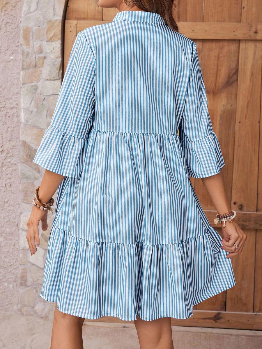 Maternity Striped Smock Dress - Notched Neck, Flounce Sleeve, High Waist, Navy Blue