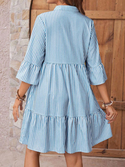 Maternity Striped Smock Dress - Notched Neck, Flounce Sleeve, High Waist, Navy Blue