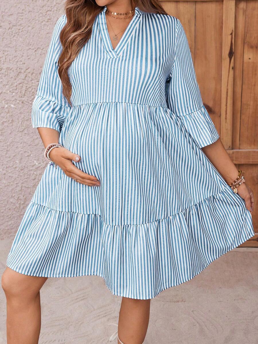 Maternity Striped Smock Dress - Notched Neck, Flounce Sleeve, High Waist, Navy Blue
