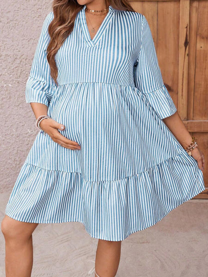 Maternity Striped Smock Dress - Notched Neck, Flounce Sleeve, High Waist, Navy Blue