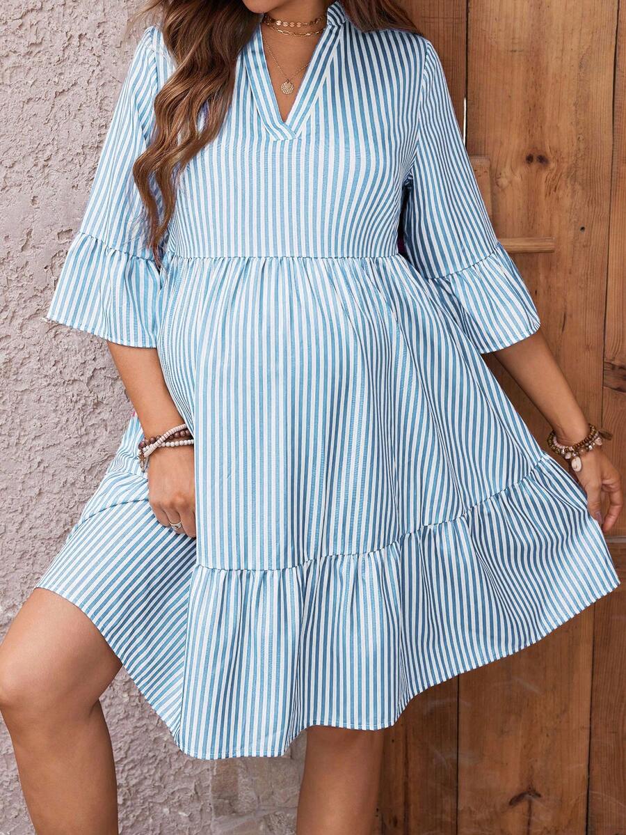 Maternity Striped Smock Dress - Notched Neck, Flounce Sleeve, High Waist, Navy Blue