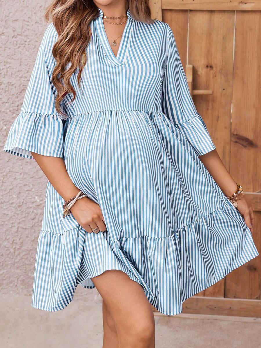 Maternity Striped Smock Dress - Notched Neck, Flounce Sleeve, High Waist, Navy Blue