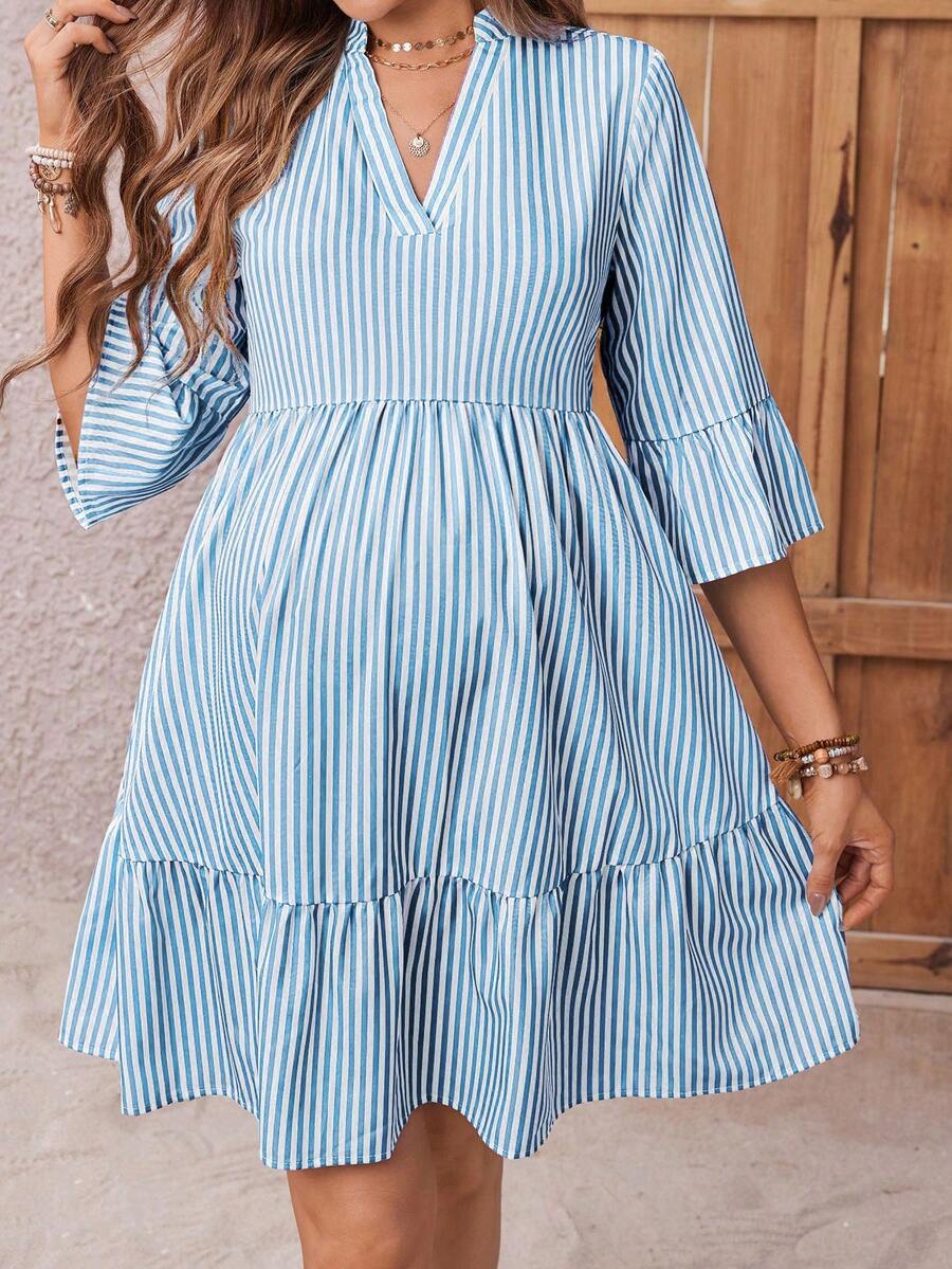 Maternity Striped Smock Dress - Notched Neck, Flounce Sleeve, High Waist, Navy Blue