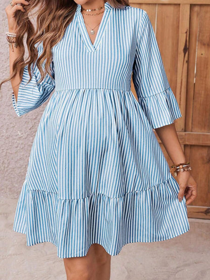 Maternity Striped Smock Dress - Notched Neck, Flounce Sleeve, High Waist, Navy Blue
