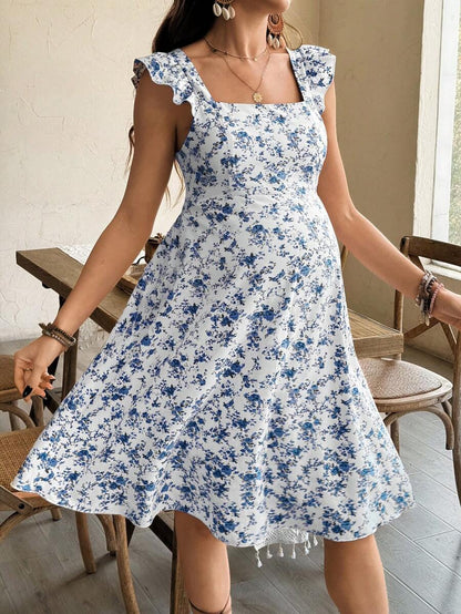 Maternity Casual All-Over Print Boho Summer Dress Square Neck High Waist A-Line Vacation Dress in Burgundy