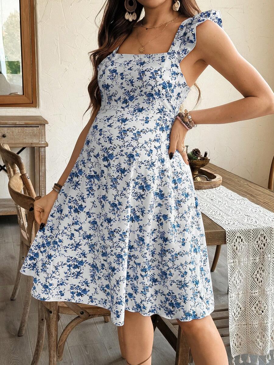 Maternity Casual All-Over Print Boho Summer Dress Square Neck High Waist A-Line Vacation Dress in Burgundy