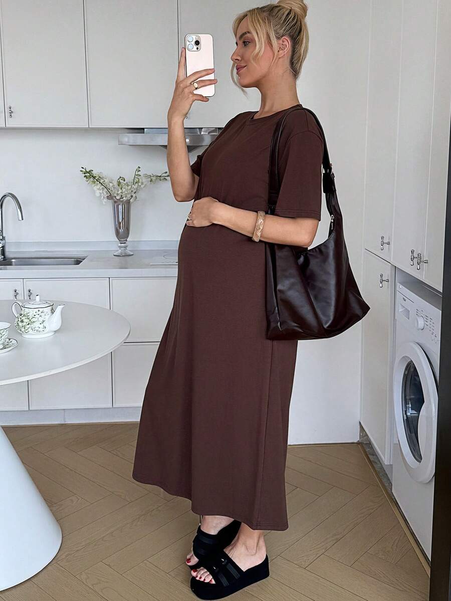 Maternity Casual Solid Color Short Sleeve Midi Dress Loose Fit Summer Tee Dress with Split Sleeves for Home and Daily Wear