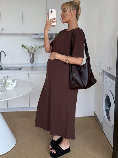 Maternity Casual Solid Color Short Sleeve Midi Dress Loose Fit Summer Tee Dress with Split Sleeves for Home and Daily Wear