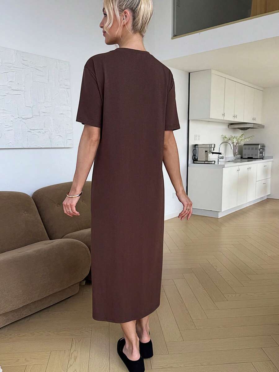 Maternity Casual Solid Color Short Sleeve Midi Dress Loose Fit Summer Tee Dress with Split Sleeves for Home and Daily Wear