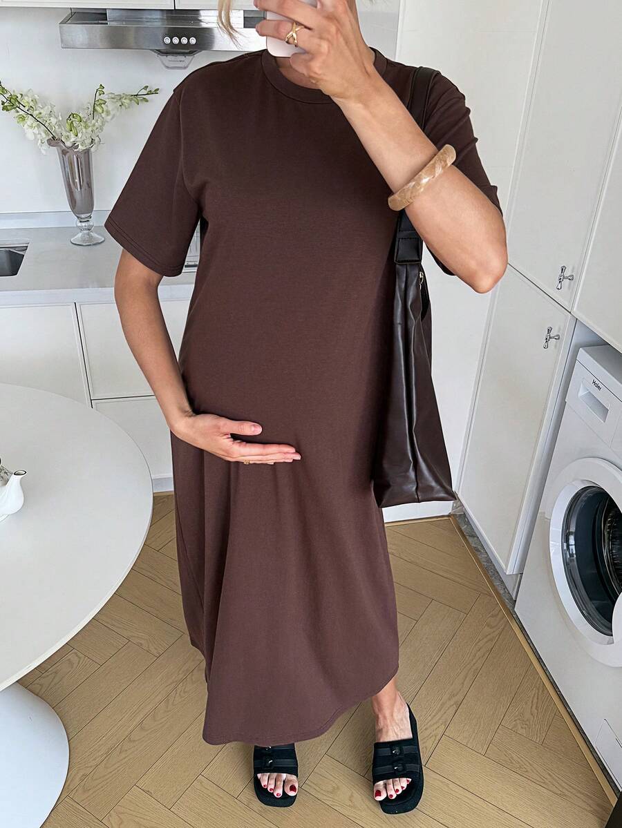Maternity Casual Solid Color Short Sleeve Midi Dress Loose Fit Summer Tee Dress with Split Sleeves for Home and Daily Wear