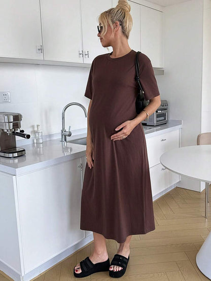 Maternity Casual Solid Color Short Sleeve Midi Dress Loose Fit Summer Tee Dress with Split Sleeves for Home and Daily Wear