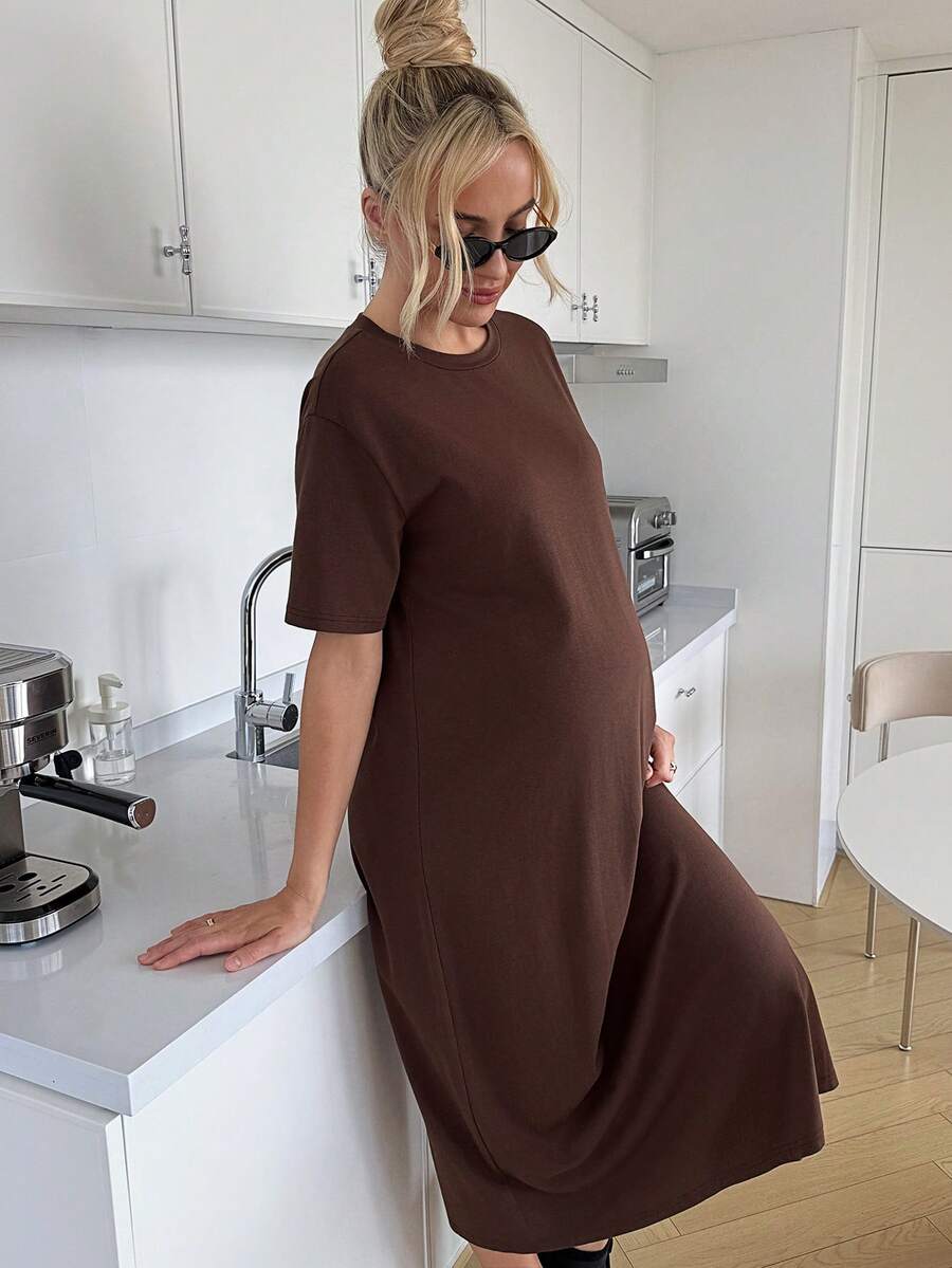 Maternity Casual Solid Color Short Sleeve Midi Dress Loose Fit Summer Tee Dress with Split Sleeves for Home and Daily Wear