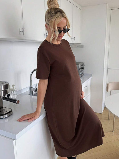 Maternity Casual Solid Color Short Sleeve Midi Dress Loose Fit Summer Tee Dress with Split Sleeves for Home and Daily Wear