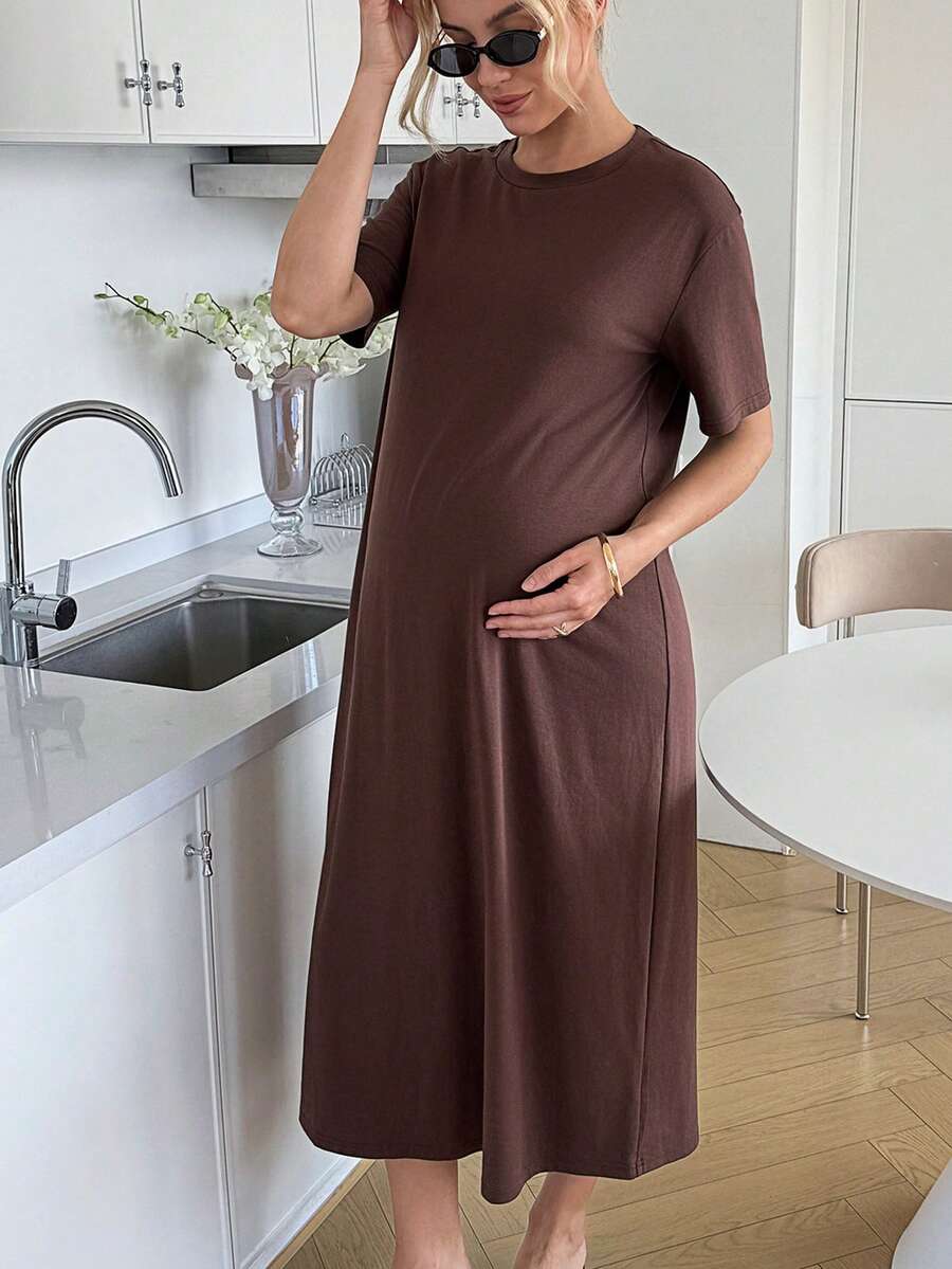 Maternity Casual Solid Color Short Sleeve Midi Dress Loose Fit Summer Tee Dress with Split Sleeves for Home and Daily Wear