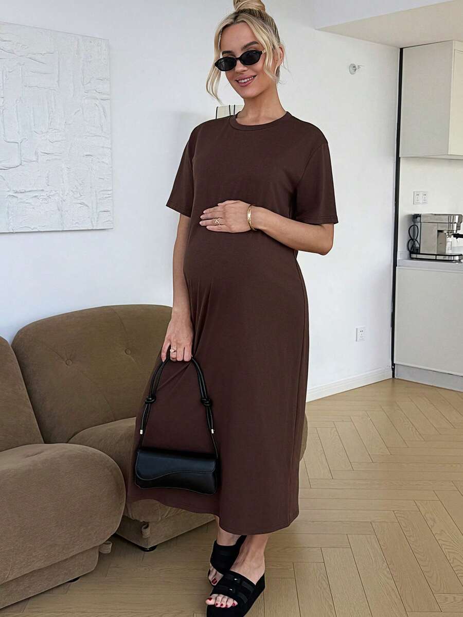 Maternity Casual Solid Color Short Sleeve Midi Dress Loose Fit Summer Tee Dress with Split Sleeves for Home and Daily Wear