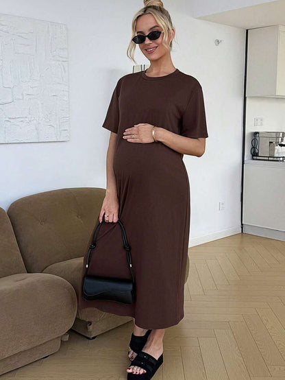 Maternity Casual Solid Color Short Sleeve Midi Dress Loose Fit Summer Tee Dress with Split Sleeves for Home and Daily Wear