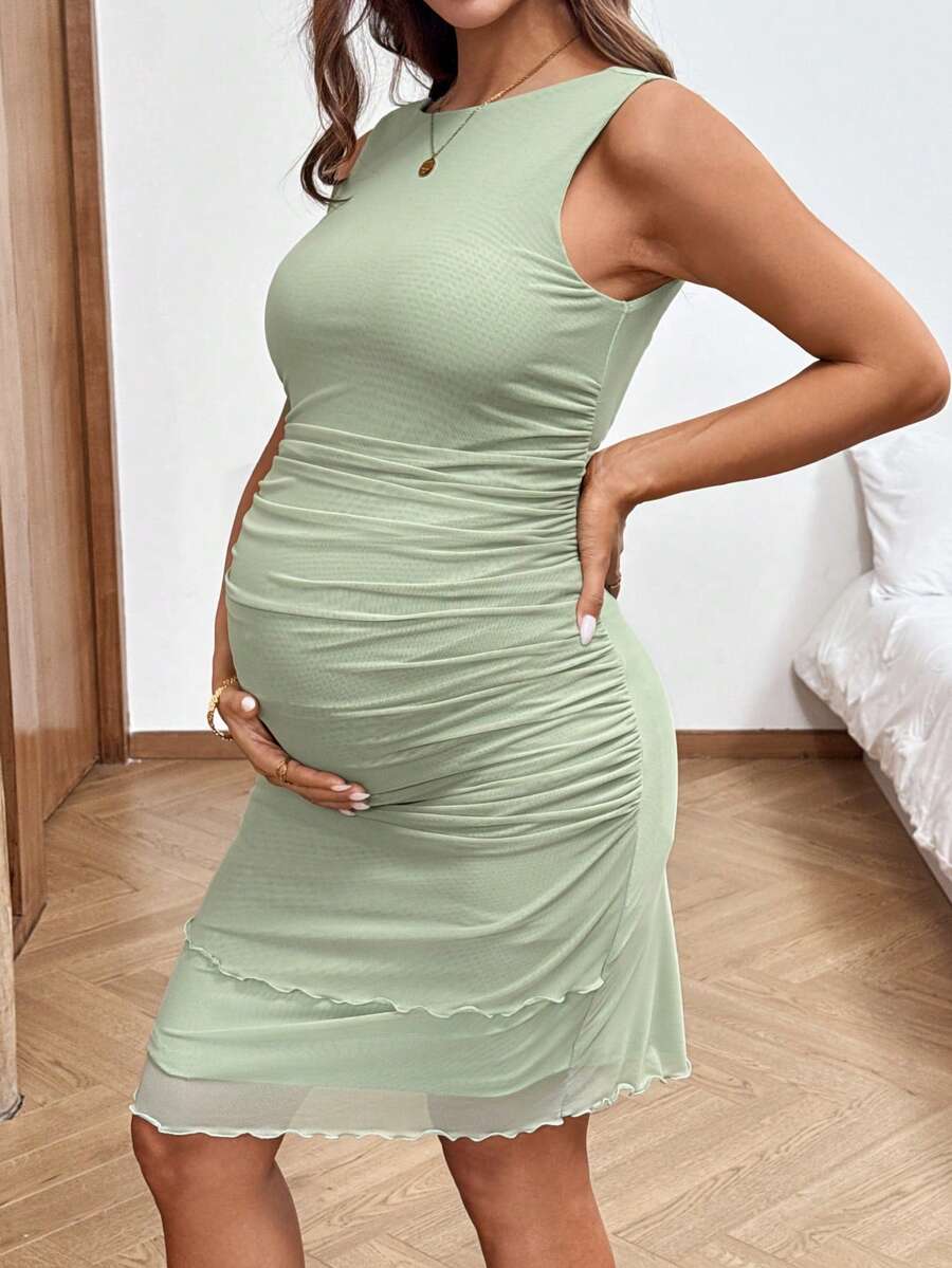 Green Sleeveless Ruched Maternity Tank Dress – Slim Fit Medium Stretch Knitted Bodycon Dress for Casual Summer Outings & Holidays