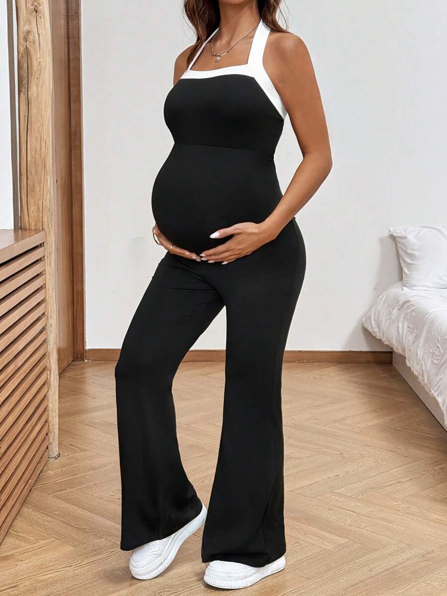 Baby Blue Maternity Contrast Color Halter Jumpsuit - Backless Sleeveless Fitted Long Romper - Breathable Knitted Holiday Outfit for Women