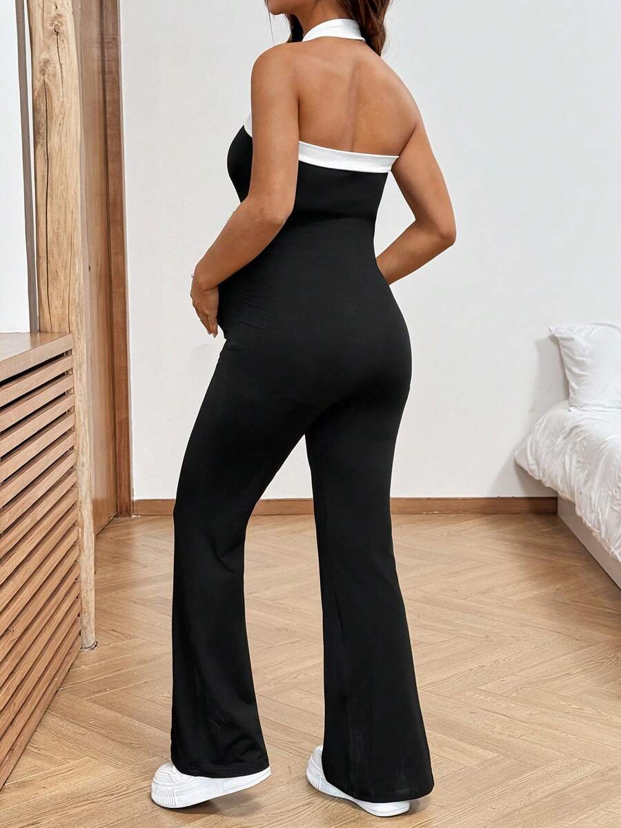 Baby Blue Maternity Contrast Color Halter Jumpsuit - Backless Sleeveless Fitted Long Romper - Breathable Knitted Holiday Outfit for Women