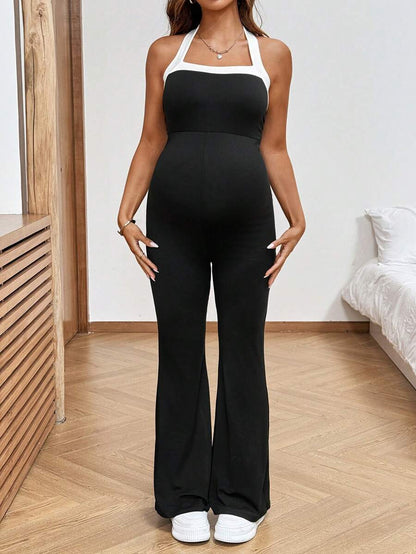 Baby Blue Maternity Contrast Color Halter Jumpsuit - Backless Sleeveless Fitted Long Romper - Breathable Knitted Holiday Outfit for Women