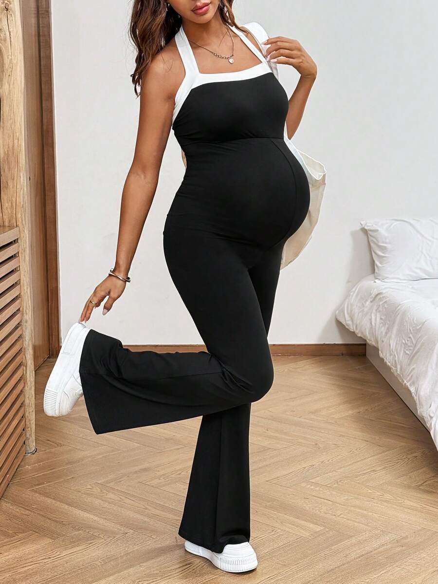 Baby Blue Maternity Contrast Color Halter Jumpsuit - Backless Sleeveless Fitted Long Romper - Breathable Knitted Holiday Outfit for Women