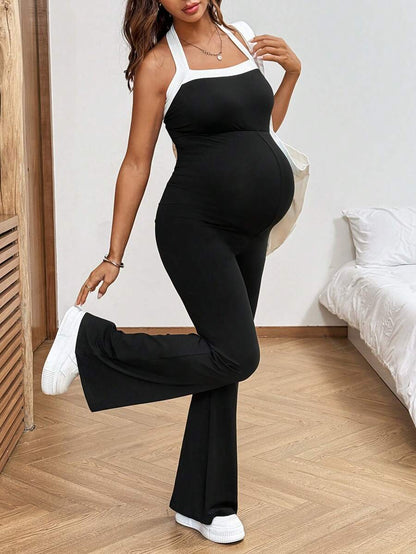 Baby Blue Maternity Contrast Color Halter Jumpsuit - Backless Sleeveless Fitted Long Romper - Breathable Knitted Holiday Outfit for Women