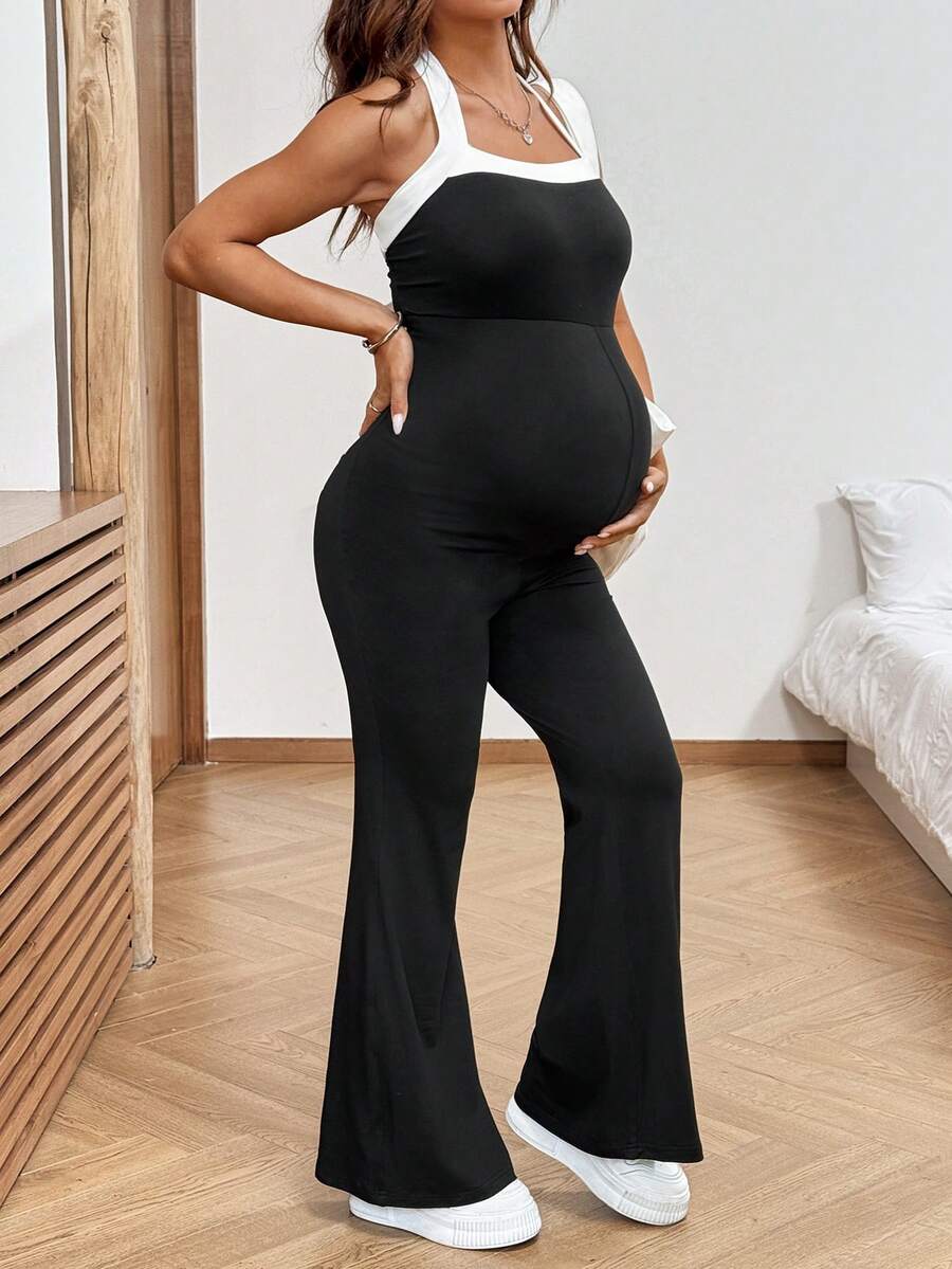 Baby Blue Maternity Contrast Color Halter Jumpsuit - Backless Sleeveless Fitted Long Romper - Breathable Knitted Holiday Outfit for Women