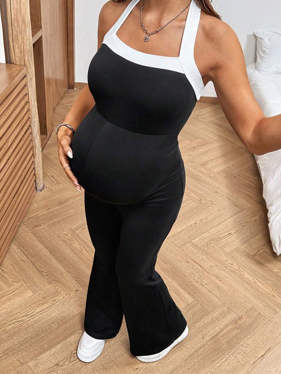 Baby Blue Maternity Contrast Color Halter Jumpsuit - Backless Sleeveless Fitted Long Romper - Breathable Knitted Holiday Outfit for Women