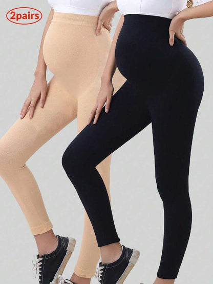 High Waist Maternity Leggings 2 Pack, Slim Fit Ankle Length Pregnancy Yoga Pants for Second Trimester, Black High-Stretch Athletic Tights