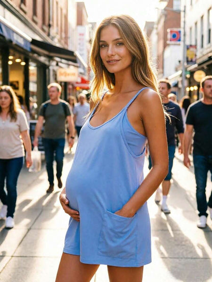 Maternity Womens Athletic Sleeveless Mini Dress Hot Shot Casual Dresses Spaghetti Strap Nursing Dresses Built In Shorts