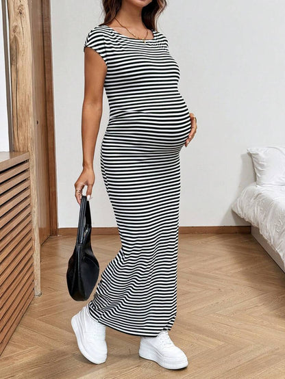 Black and White Striped Maternity Maxi Dress with Backless Detail and Batwing Cap Sleeves Slim Fit Padded Knit Summer Holiday Long Tee Dress