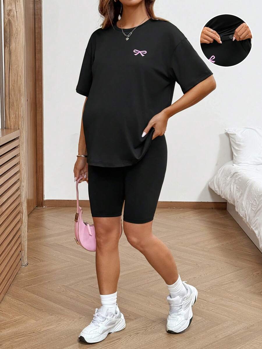 2-Piece Maternity Bow Print Set – Casual T-Shirt & Shorts Summer Outfit