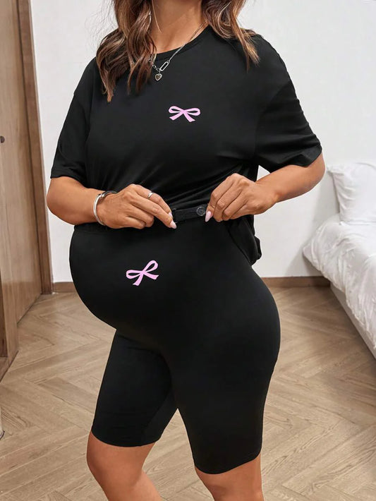 2-Piece Maternity Bow Print Set – Casual T-Shirt & Shorts Summer Outfit